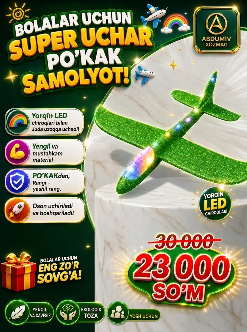 LED chiroqli uchar po'kak samolyot (Yashil)