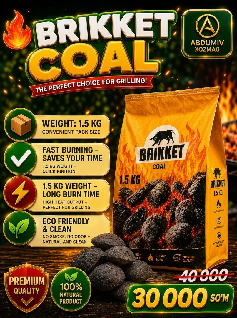 Brikket ko'mir 1.5 kg - Tez yonuvchi