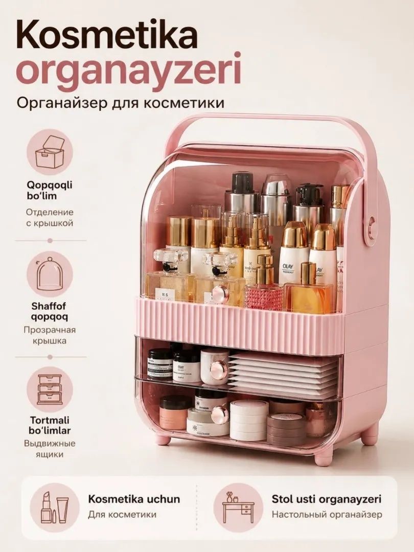 Kosmetika organayzeri: Shaffof, tortmali, ixcham