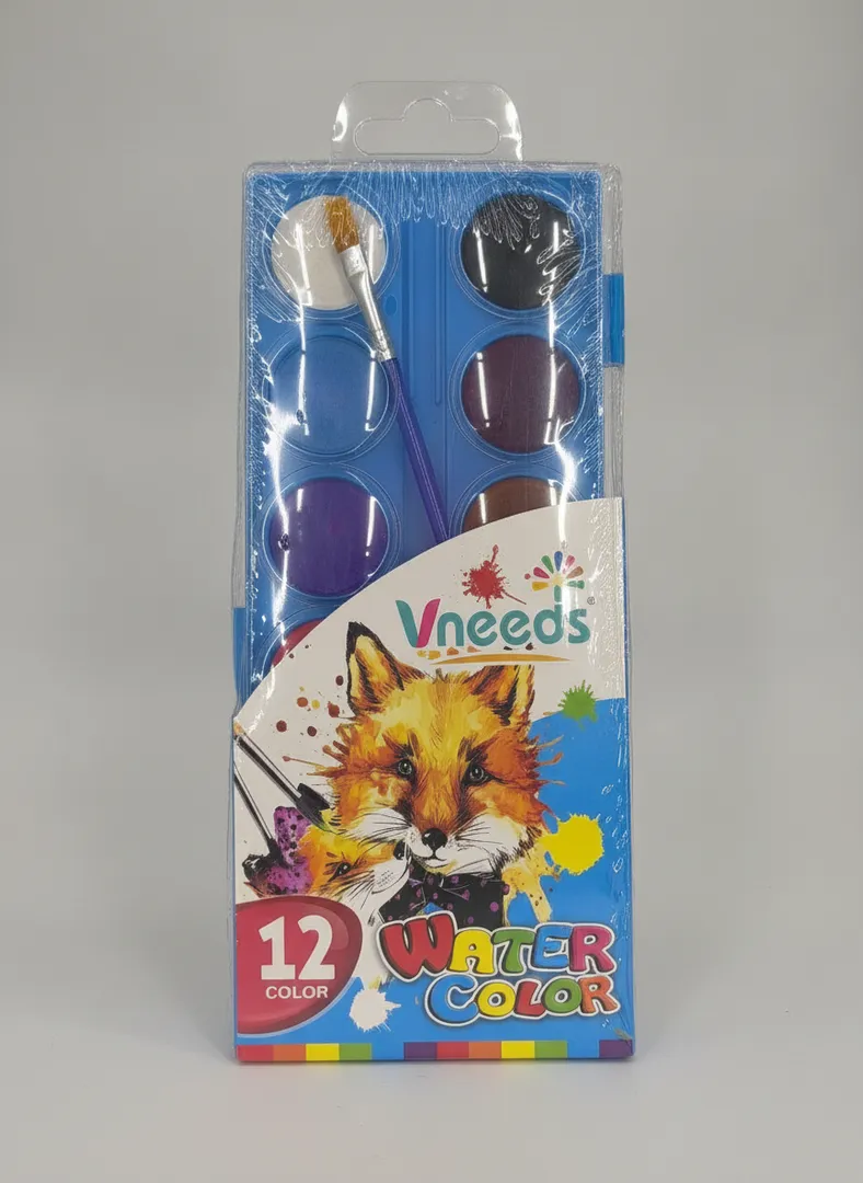 Акварельные краски Vneeds, 12 цветов + кисть