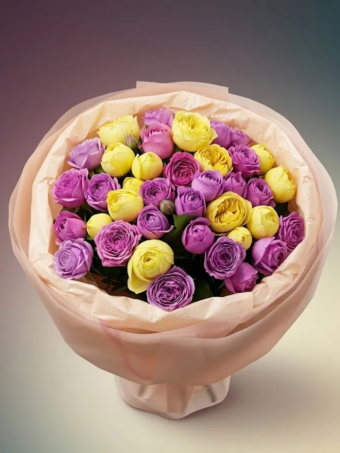 💛💜 Sariq & Binafsha Pion Rozalar Dastasi | Premium | Mix ranglar